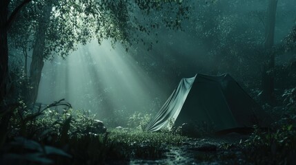 Wall Mural - serene forest scene featuring a tent illuminated by sunlight rays with ample empty space for text or