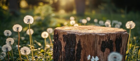 Wall Mural - Stump in a sunlit clearing surrounded by dandelion flowers creating a serene natural texture background for design projects