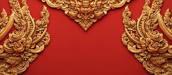 Intricate Thailand gold gable decorations on a vibrant red backdrop showcasing traditional artistry and cultural heritage.