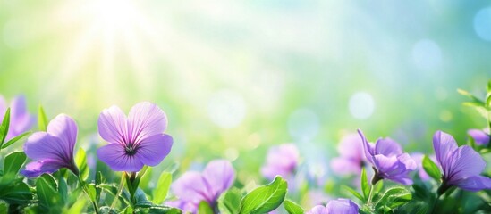 Wall Mural - spring floral meadow with blooming purple flax flowers illuminated by sunlight in a vibrant colorful