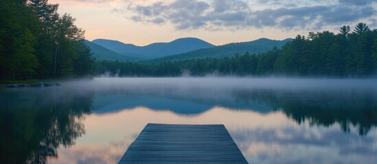 Wall Mural - tranquil lake at dawn with misty reflections and mountains in the background