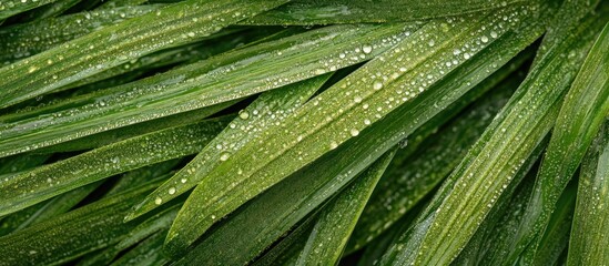 Wall Mural - Close-up of lush green grass blades with water droplets creating a fresh and vibrant natural texture background.