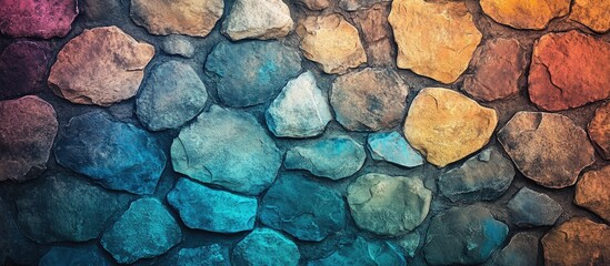 Wall Mural - Colorful textured stone wall with abstract patterns in shades of orange, blue, and grey for background or design elements.