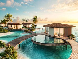 Wall Mural - Luxury overwater bungalows in Abu Dhabi with Maldives-style design, infinity pools, and lush gardens