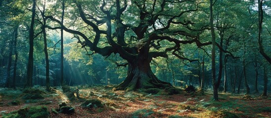 Poster - Majestic ancient tree in a serene forest with dappled sunlight creating a mystical atmosphere among lush green foliage and rocky terrain.