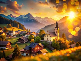 Wall Mural - Idyllic Mountain Village Sunset: Breathtaking Bokeh Photography