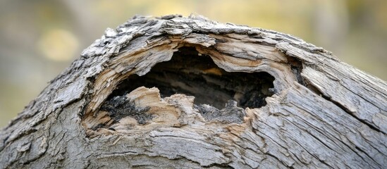 Wall Mural - Close-up of weathered broken tree trunk showcasing intricate textures and natural decay in a forest setting