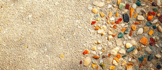 Wall Mural - Terrazzo floor texture featuring small colorful stones on a sandy background with ample space for text or design elements.