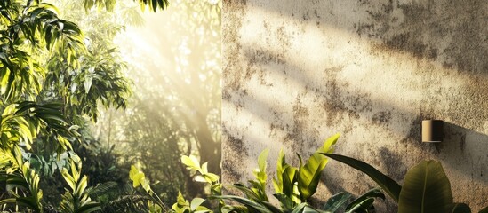 Wall Mural - Textured wall with natural patterns illuminated by sunlight in an abstract outdoor setting surrounded by lush foliage and greenery