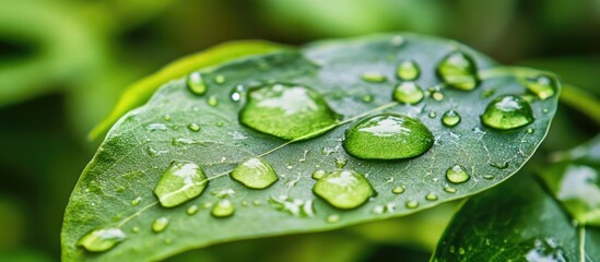 Poster - Green leaf texture with water droplets in tropical forest ideal for nature backgrounds botanical themes and eco-friendly media content