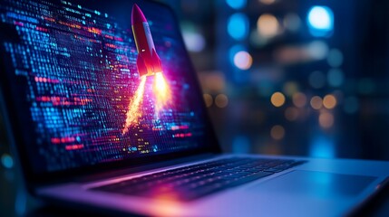 Rocket launching from laptop screen at night; coding startup