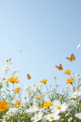 Wall Mural - A Beautiful Spring Scene with Colorful Butterflies and Blooming Flowers Under a Clear Blue Sky