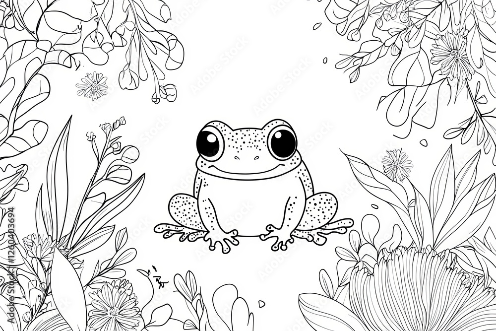 Cute Frog cartoon outline coloring page for kids. Stock Illustration ...