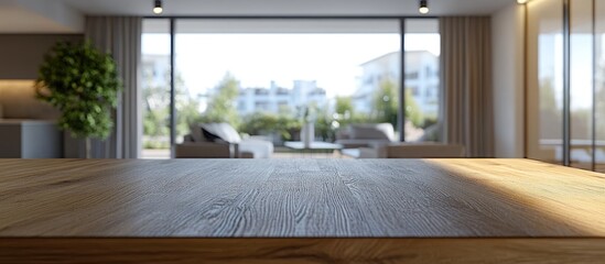 Wall Mural - Modern wooden table in focus with blurred open plan living room featuring a cozy sofa and large windows providing ample natural light