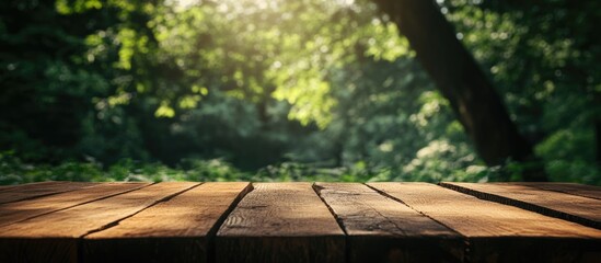 Sticker - Wooden Table Surrounded by Nature for Product Display Montage with Empty Space for Custom Text and High-Quality Visual Appeal