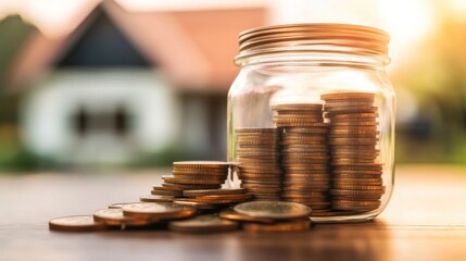 Wall Mural - Saving for a Home: Coins in a Jar with House in Background