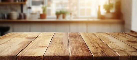 Poster - Wooden table in a restaurant with a blurred background and ample empty space for promotional text or advertisements