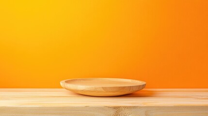 Sticker - Wooden plate on a smooth wooden table against a vibrant orange background ideal for kitchenware display and marketing purposes.