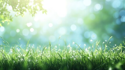 Sticker - Vibrant green grass in a sunlit meadow creating a serene atmosphere with ample empty space for text placement and design elements.