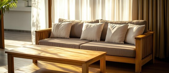 Canvas Print - Cozy living room interior featuring a wooden table and comfortable sofa perfect for relaxation with empty space for personalized text