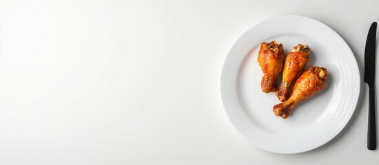 Canvas Print - Delicious Chicken Drumsticks on a White Plate with Empty Space for Text for Culinary Promotions or Advertising