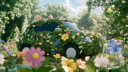 Wall Mural - A Charming Green Car Covered in Leaves Surrounded by Colorful Flowers in a Lush Garden