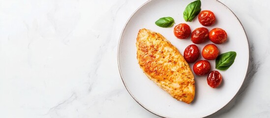 Canvas Print - Chicken Escalope served with Roasted Cherry Tomatoes and Fresh Basil on a White Plate with Minimalist Copy Space for Text