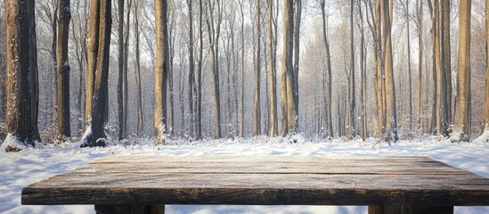 Sticker - Wooden table in snowy forest winter morning ideal for product display with ample space for text and branding opportunities