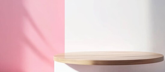 Sticker - Wooden Tabletop Against White and Pink Wall with Blank Space for Text and Product Placement Options