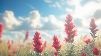 Canvas Print - Vibrant red flowers in a sunny field against a blue sky with fluffy clouds and ample copyspace for text and design elements.