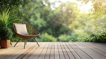 Wall Mural - Serene wooden balcony terrace featuring a relaxing chair and lush greenery creating a tranquil outdoor space with empty copy space for text