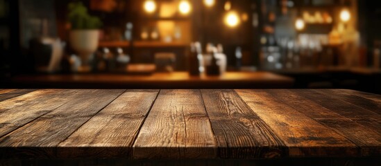 Sticker - Rustic Wooden Tabletop with Blurred Kitchen Background Ideal for Text Placement and Catering Promotions High Quality Stock Photo