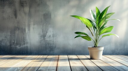 Wall Mural - Wooden floor with potted green leaf plant in a minimalist interior setting ideal for text placement and natural ambience