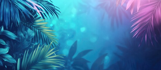 Sticker - Tropical fantasy background featuring lush greenery and vibrant blue hues with ample space for text and design elements.