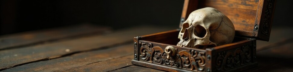 Skull in a wooden box with intricate carvings, mystic, relic