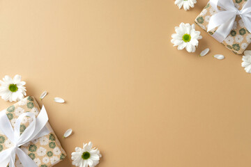 Wall Mural - Happy Mothers Day flat lay composition with gift boxes and chamomile flowers on pastel beige background.