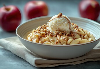 Wall Mural - Delicious bowl of warm apple dessert with vanilla ice cream topped with crunchy nuts, surrounded by fresh red apples on a textured gray background