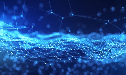 Abstract background waves of blue dots and ripples. Blue digital network connection structure technology corporate concept. Technical science presentation background. Technology wallpaper, template.