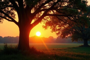 Wall Mural - Tree limbs stretching towards the fading sunlight, sunset, trees, nature