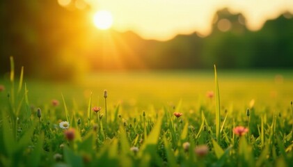 Wall Mural - Golden hour light bathes lush meadow, soft focus background, background, warm, golden hour