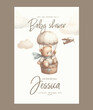 © ku4erashka - Watercolor baby shower invitation. Greeting card with teddy bear on Hot Air Balloon.