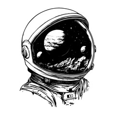 Wall Mural - Astronaut helmet featuring a cosmic landscape with planets and mountains in black and white design