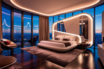 futuristic luxury decorated bedroom with lights a modern interior design