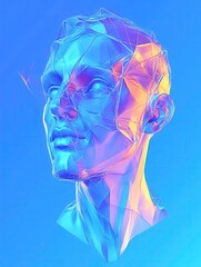 Wall Mural - Abstract polygonal male head portrairt on blue background. Artificial intelligence concept. 3D Rendering.