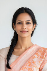 Wall Mural - young indian woman wearing traditional sari standing on white background