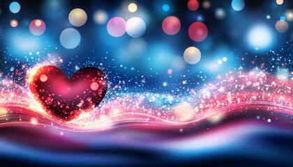 Wall Mural - glowing red heart on swirling abstract background, blue and red with festive design elements