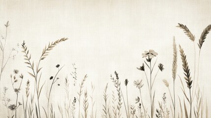 Wall Mural - Soft plant wallpaper with wildflowers and wheat on linen fabric