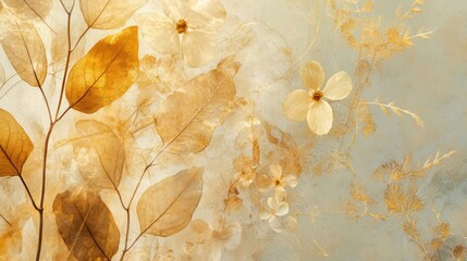 Wall Mural - Botanical background with translucent leaves and golden tones