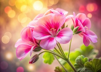 Wall Mural - Vibrant pink pelargonium, long exposure, macro shot; night garden bloom, soft focus, blurred.