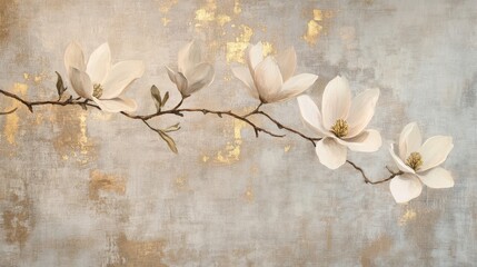 Wall Mural - Delicate floral backdrop with cream magnolias and gold details